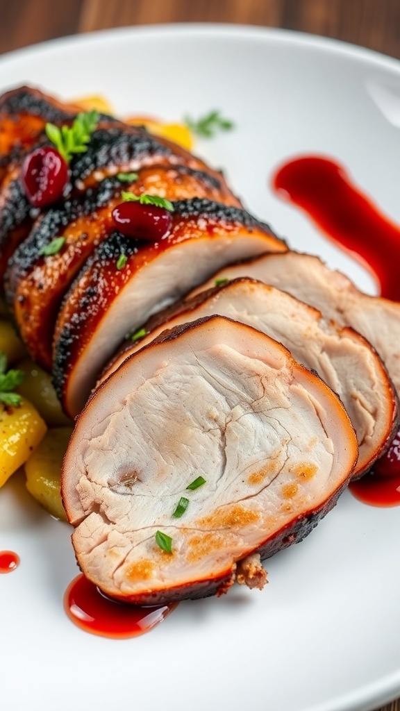 Sliced roasted duck breast on a plate with herbs and vegetables, showcasing juicy meat and crispy skin.